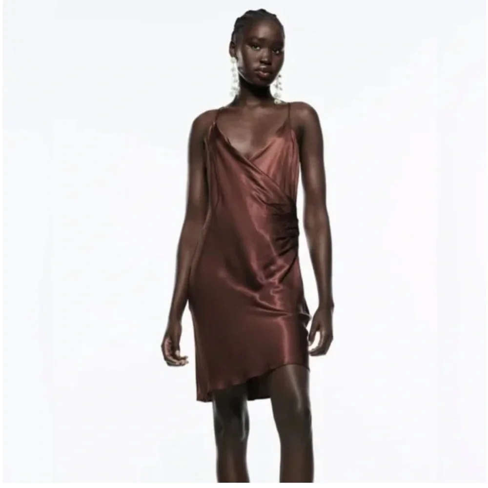 Zara | Dresses | Zara Brown Satin Effect Mini Dress With Side Ruching Size  S | Poshmark